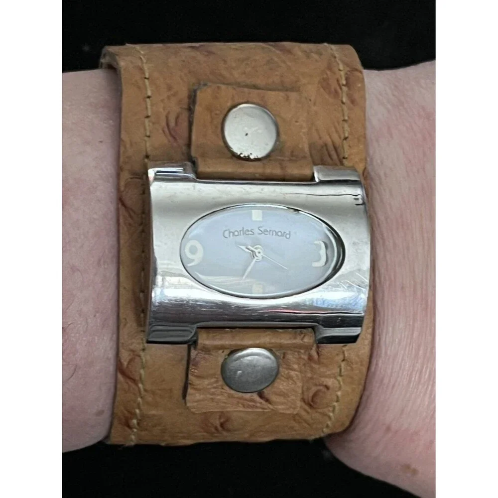 Charles Sernard Ostrich Leather Cuff Watch Silver New Battery